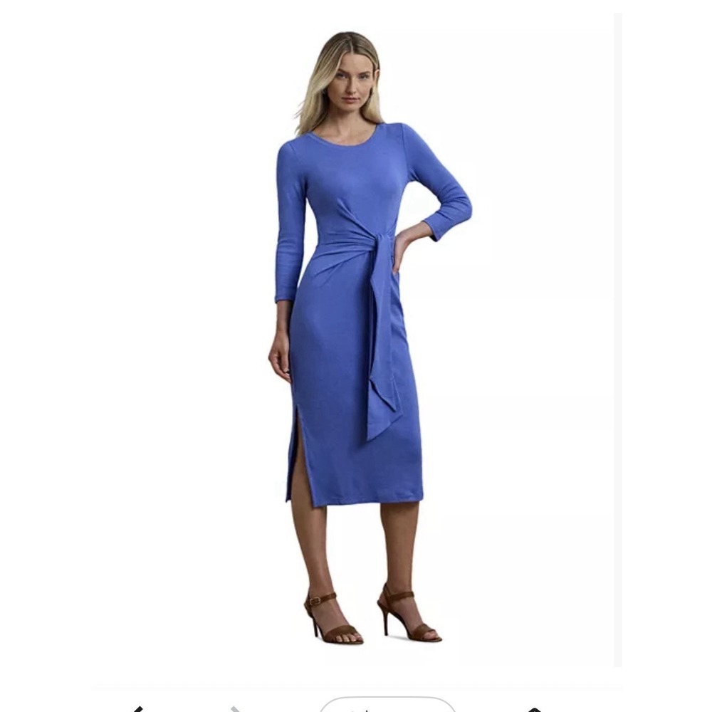 Lauren Ralph Lauren Blue Tie Front Rib Knit Cotton Blend Midi Dress Size L New
